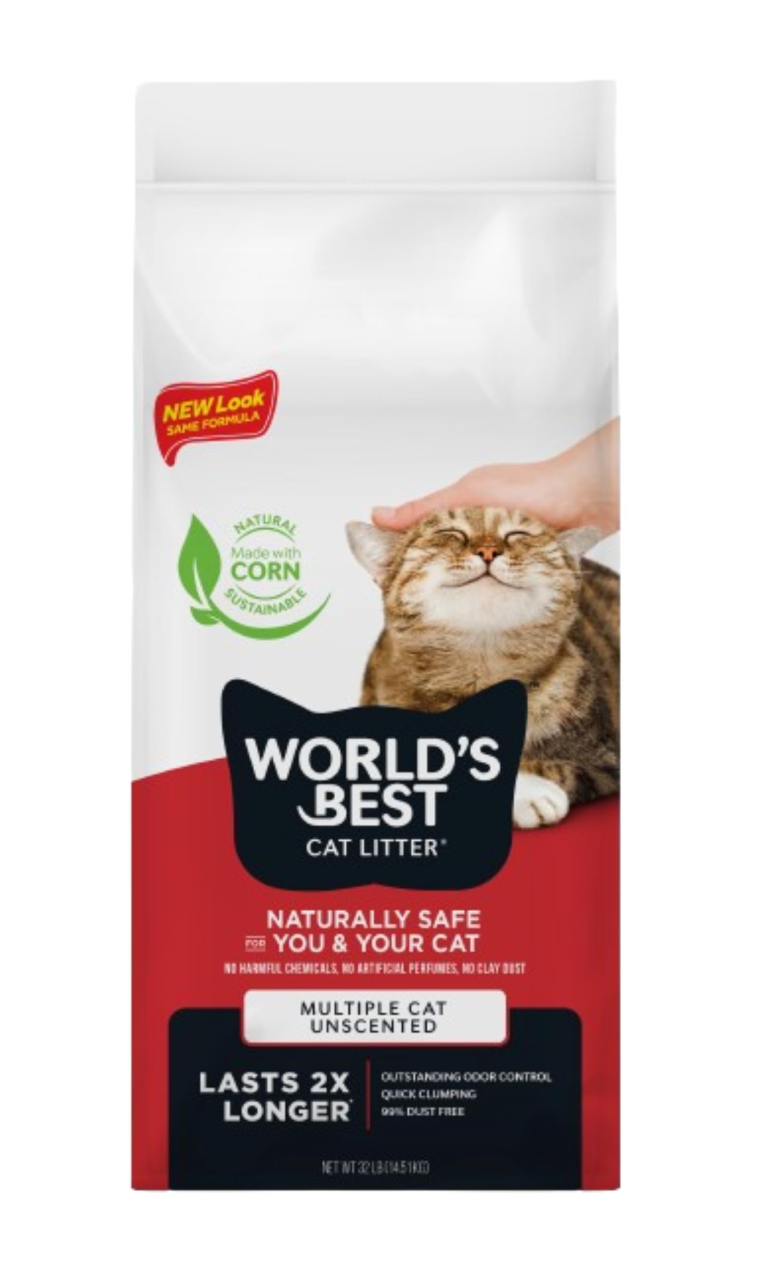 WORLDS BEST CAT LITTER Multiple Cat Unscented, 32Pounds  Natural Ingredients, Quick Clumping, Flushable, 99% Dust Free & Made