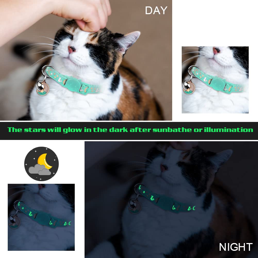 2Pcs Breakaway Cat Collars With Bell Cute Kitty Glow In The Dark Adjustable Kitten Collars 7.9-13.0 Inch(Teal&Pink)