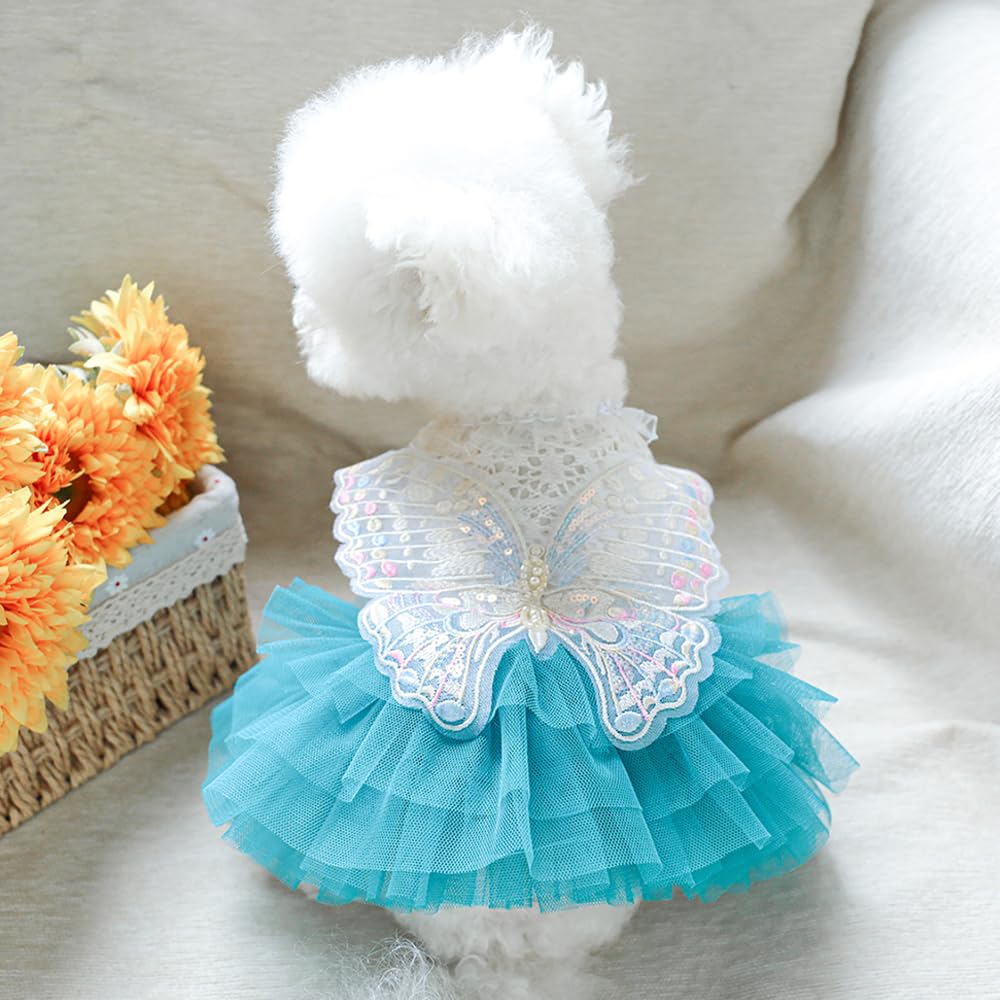 Aniac Butterfly Dog Dress With Blue Tutu Funny Pet Clothes With Wing Girl Puppy Dress For Small Dog Pet Butterfly Costume Holida