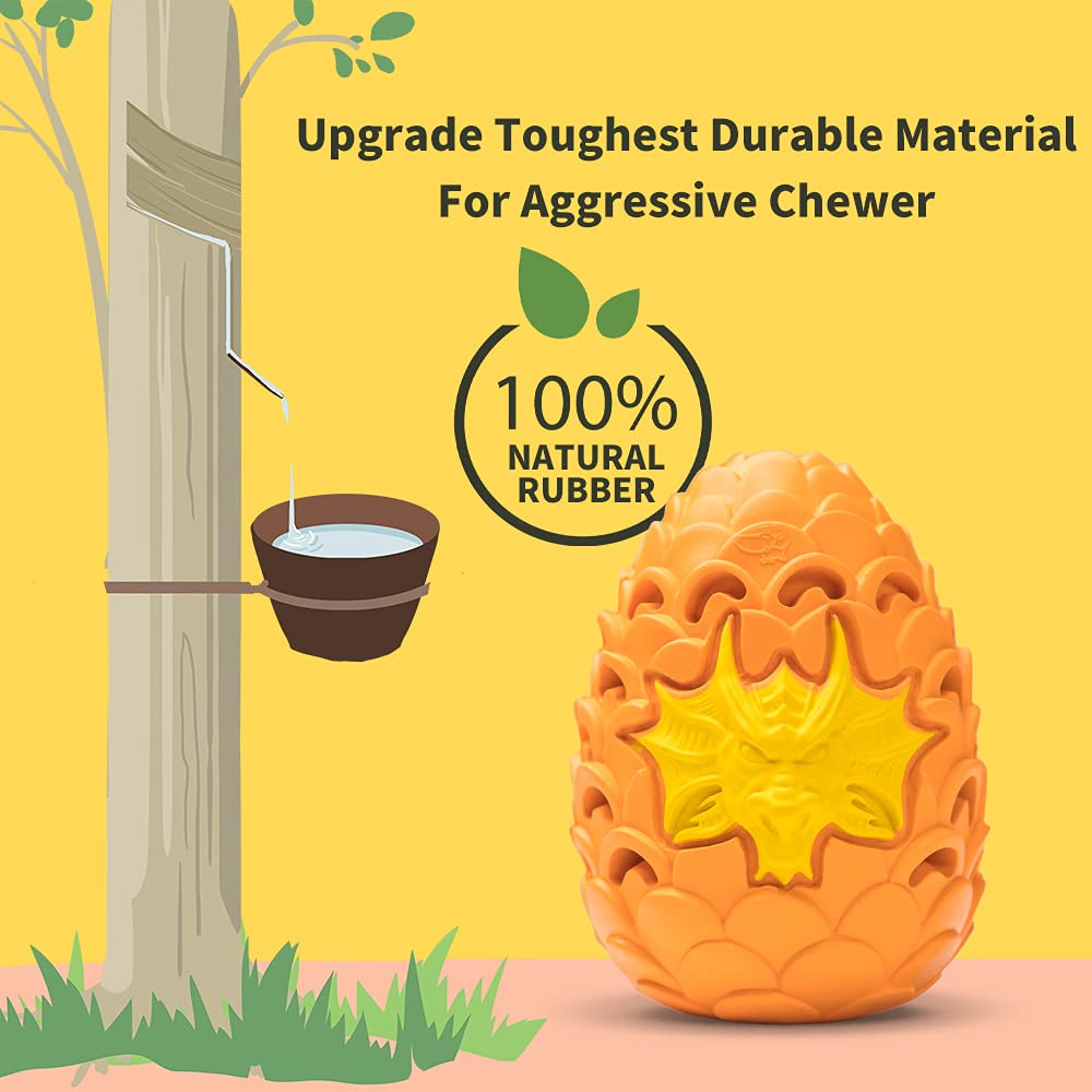 LPHSNR Indestructible Dog Chew Toy for Large Medium Dogs, Durable Rubber Dragon Dinosaur Egg, Orange
