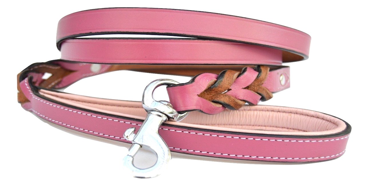 Soft Touch Collars Luxury Raspberry Pink Leather Dog Leash With Two Braids, 4 Feet X 1/2 Inch Wide,Made With Real Genuine Leathe