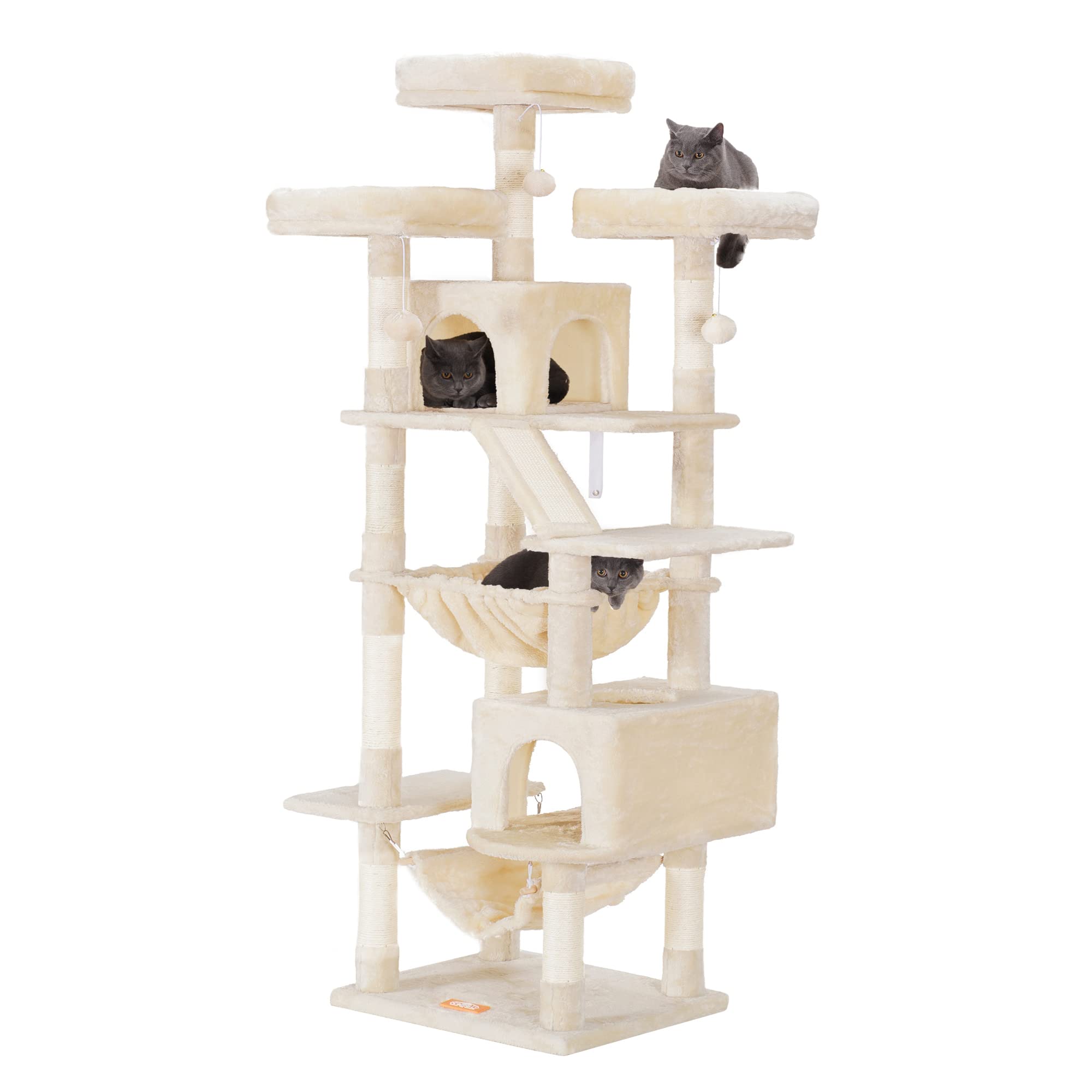 Heybly Cat Tree, 73 Inches Tall Cat Tower For Large Cats 20 Lbs Heavy Duty For Indoor Cats,Big Cat Furniture Condo For With Padded Plush Perch, Cozy Basket And Scratching Posts Beige Hct030M