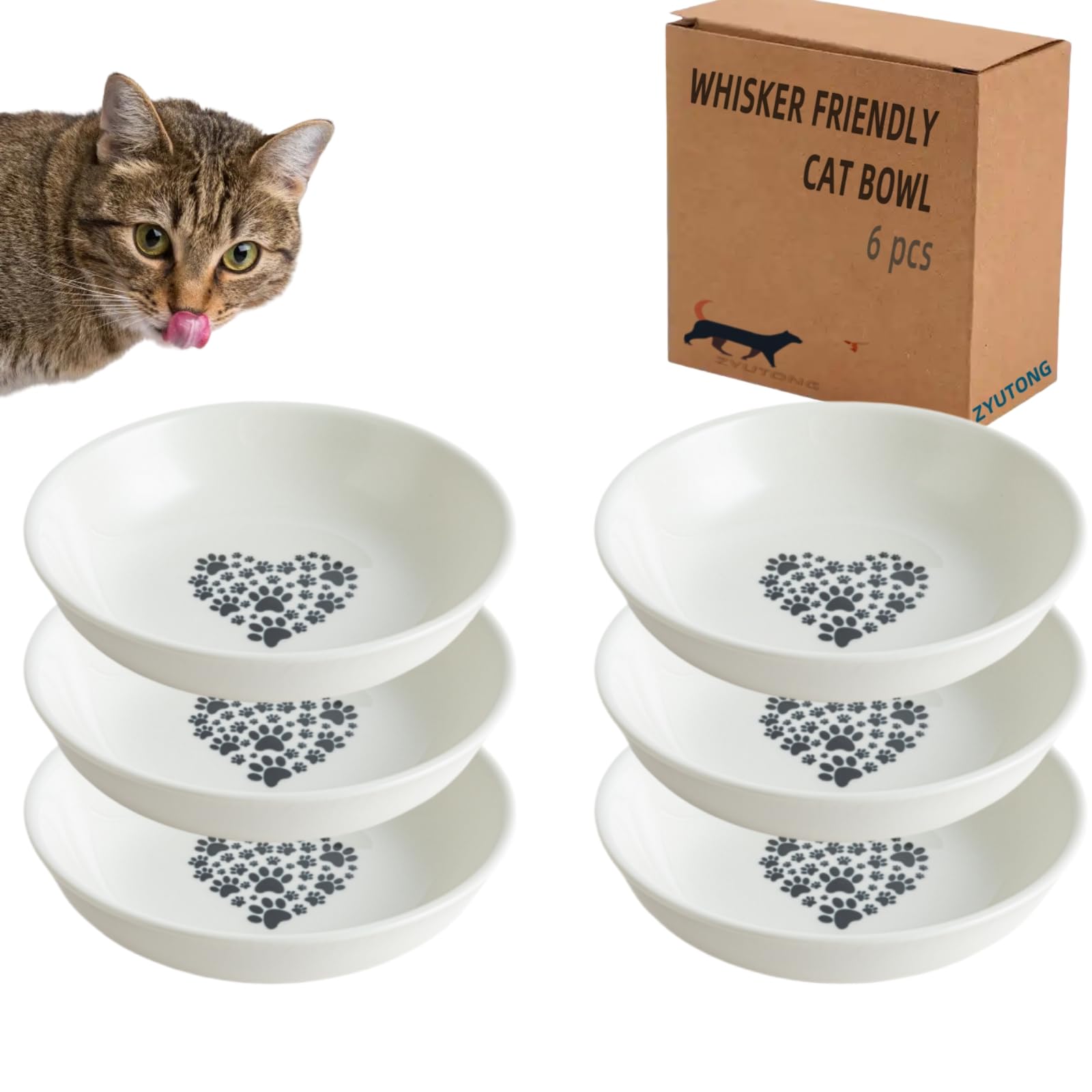 6PCS Whisker Fatigue Ceramic Cat Dishes - 5.5 Shallow Cat Food Bowl, Cute Kitten Plates for Wet Food, Whisker-Friendly, Non-Slip
