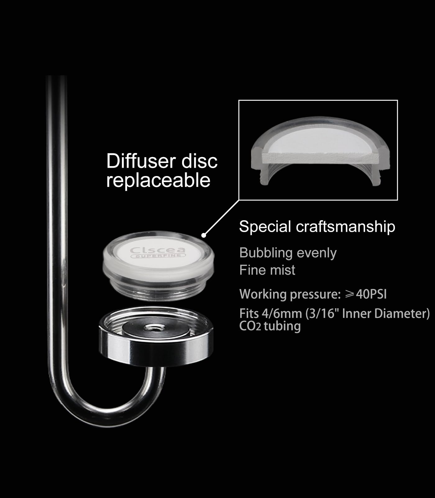 Clscea Aquarium Stainless Steel Co2 Diffuser Atomizer With Integrated Check Valve, Dc300-25