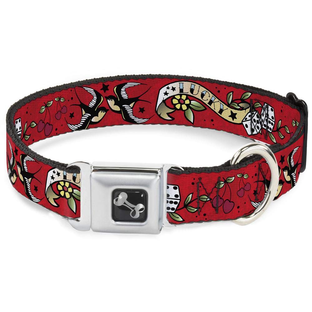 Dog Collar Seatbelt Buckle Lucky Red 15 To 26 Inches 1.0 Inch Wide