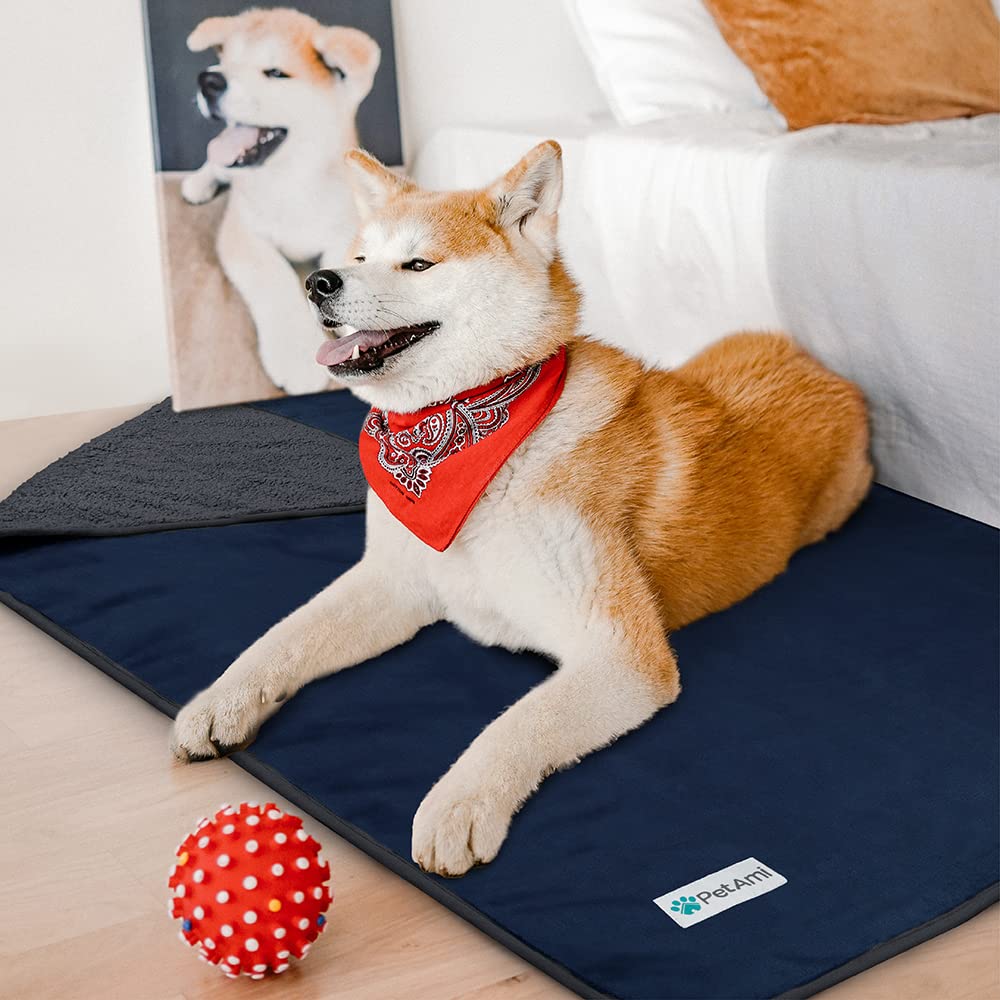 Petami Waterproof Dog Blanket For Large Giant Dogs, Pee Proof Pet Blanket Sherpa Fleece Crate Cover, Reversible Cat Throw Bed Kennel Protector, Soft Plush Washable Pad (Queen 90X90, Blue/Gray)