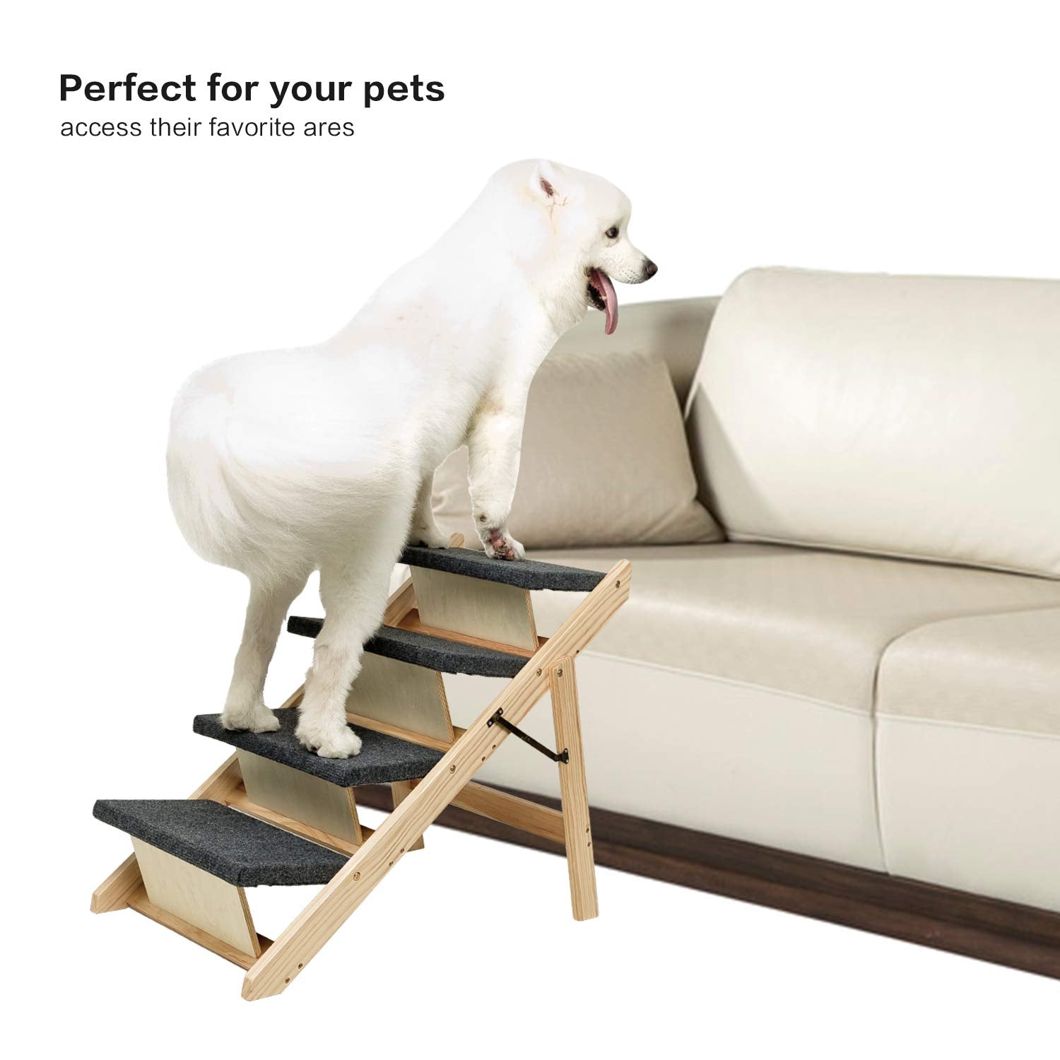 Mewang Wooden Dog Stairs/Steps - Foldable 4 Levels Pet Stairs & Ramp Perfect For Beds And Cars - Portable Dog/Cat Ladder Up To 110 Pounds