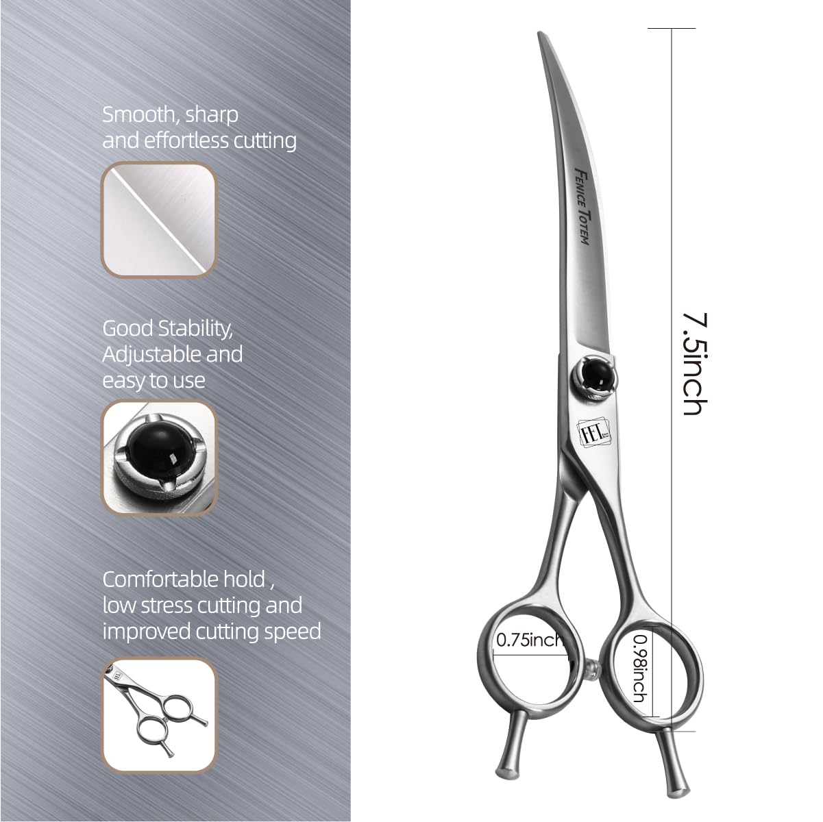 Fenice Totem Dog Grooming Scissors: 7.5 inch Pet Curved Shears Made Of Japanese 9CR Advanced Stainless Steel Professional Groomi