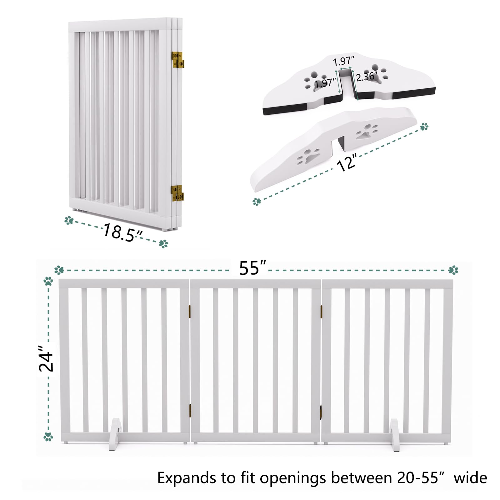 Freestanding Foldable Dog Gate for House - 3 Panels, 24 Tall, White Wooden Pet Gate for Doorways and Stairs With 2 Support Fee