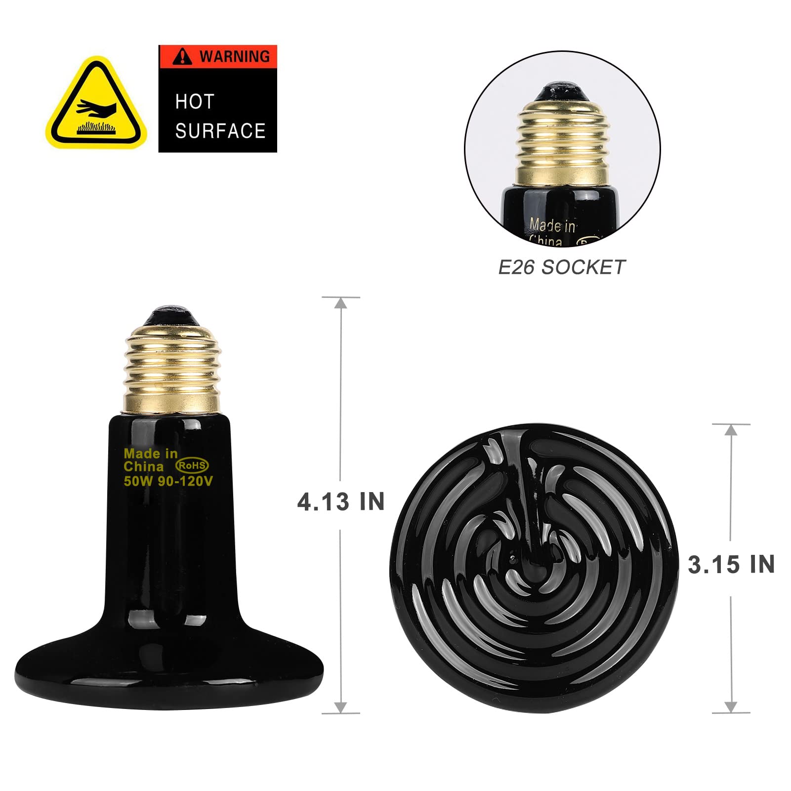 Wuhostam 50W 2 Pack Ceramic Heat Lamp,Black Infrared Bulb Emitter Lamp For Pet Coop Heater Reptile Chicken Lizard Turtle Brooder Bulb Temperature Adjustable No Harm No Light Etl Listed