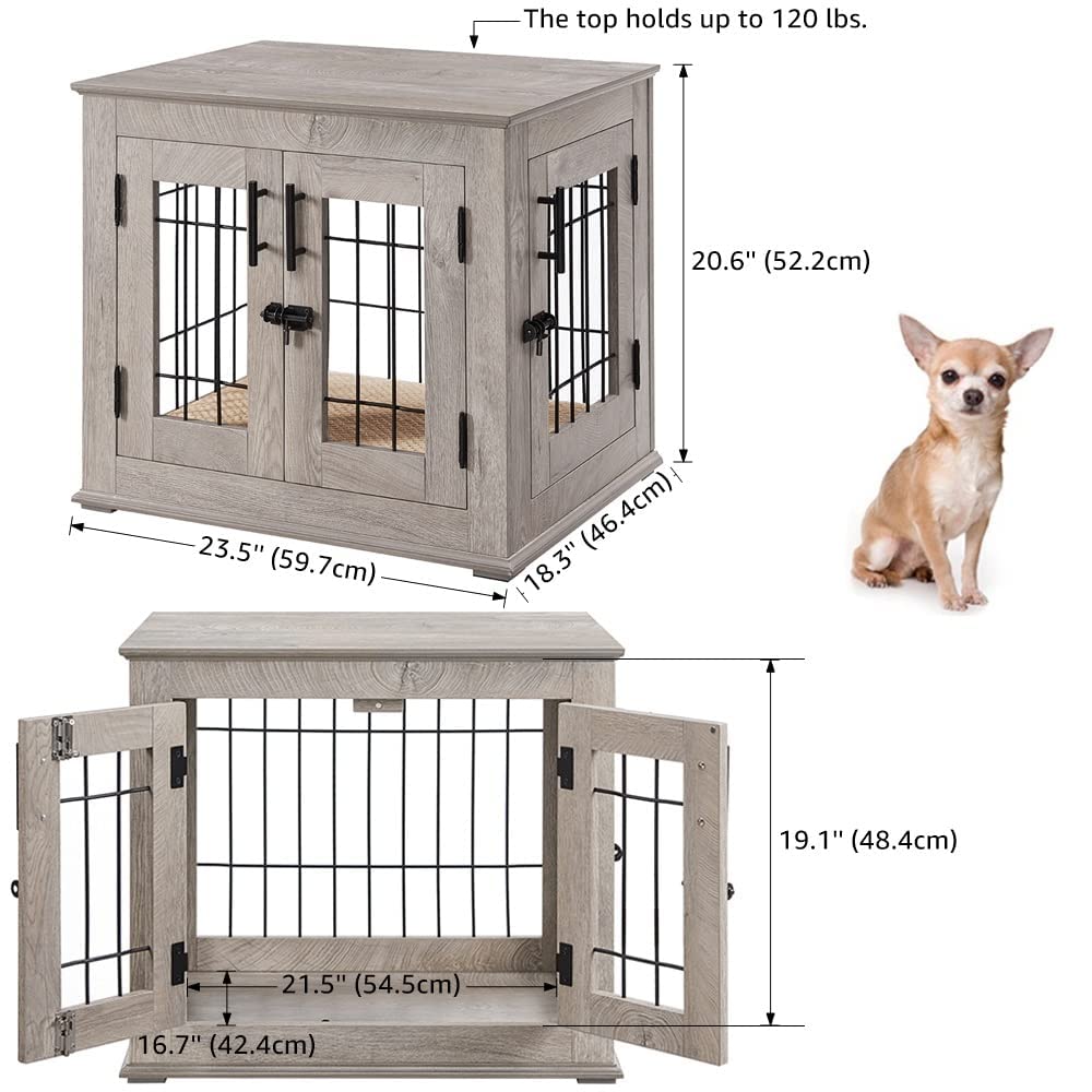 Beenbkks Furniture Style Dog Crate End Table, Double Doors Wooden Wire Dog Kennel With Pet Bed, Decorative Pet Crate Dog House I