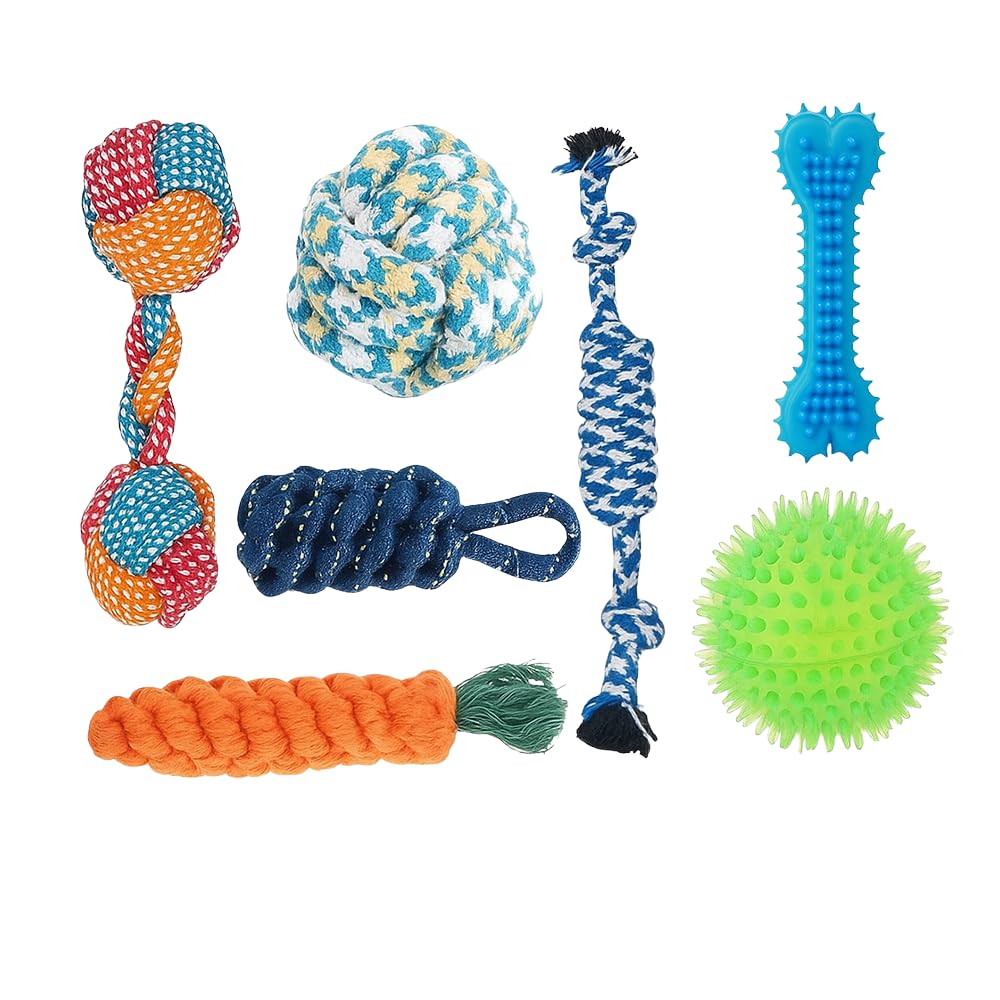 PetJoy Dog Chew Toys Set, 7 Pack Durable Rope Ball Toys, Blue Green Orange, Cotton Rubber, Interactive Training Teething for Dog