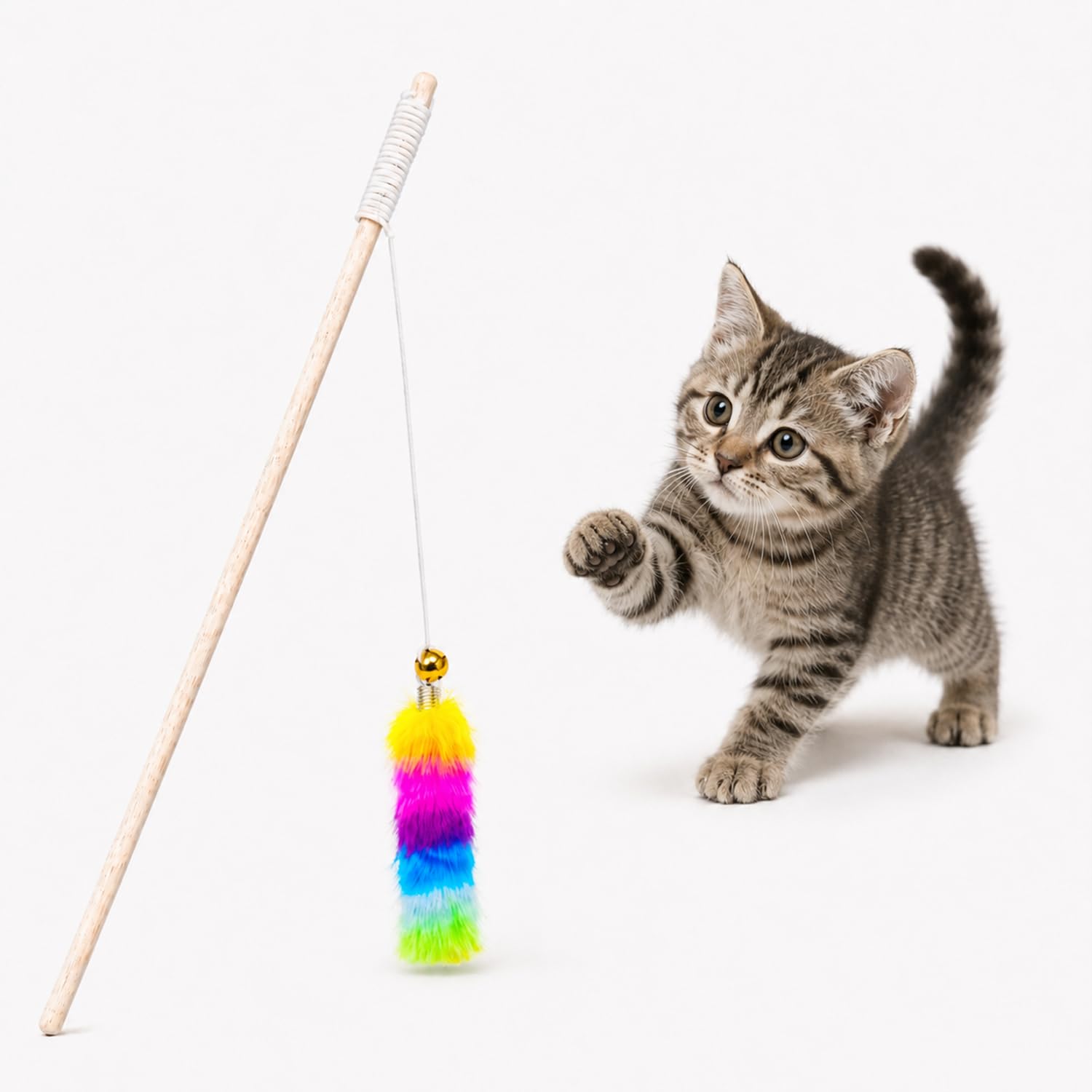 Emily Pets Cat Teaser Wand  Rainbow Plush Interactive Cat Toy With Wooden Stick For Kittens And Cats, Encourages Play, Exercise