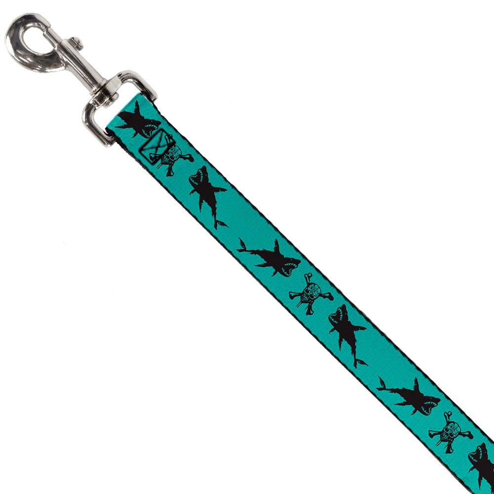 Buckle-Down Dog Leash Pirates Skull Crossbones Sharks Turquoise Black Available In Different Lengths And Widths For Small Medium