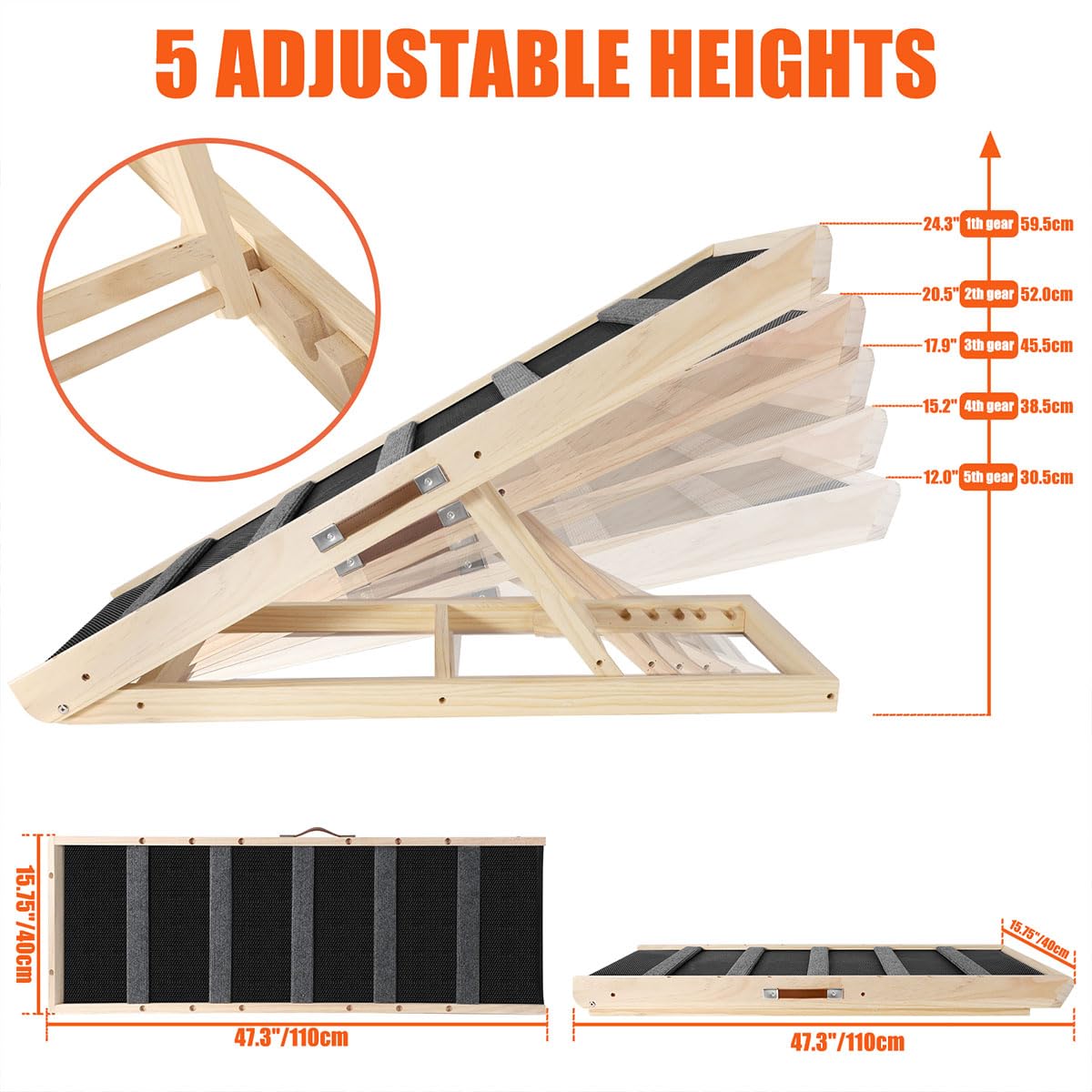GaliGali Dog Ramp - Adjustable 43.3" Wooden Pet Ramp with Non-Slip Pad for Small Dogs & Cats - Grey, Model GGPTZHI-110