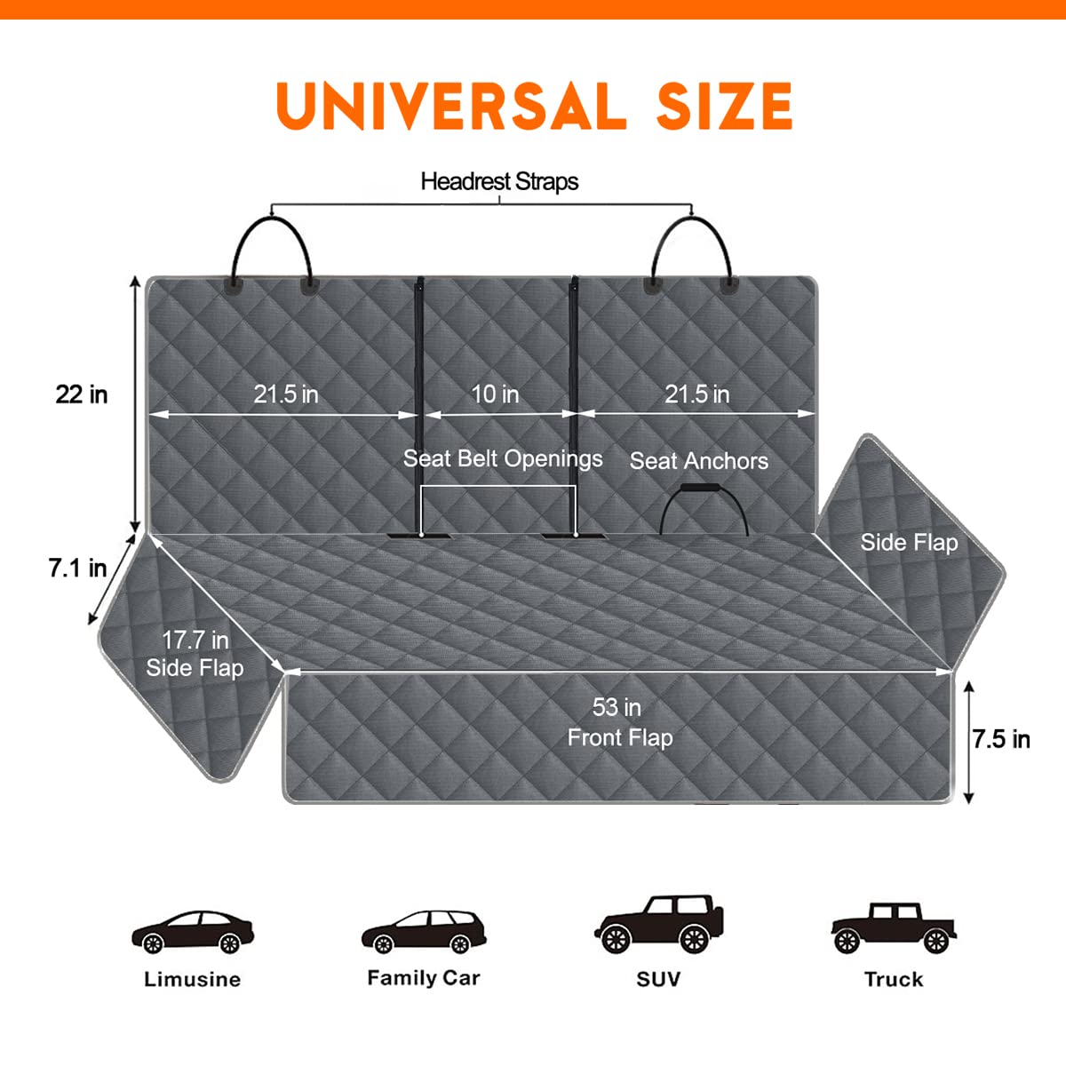 Yuntec Dog Car Cover - Waterproof Back Seat Protector, 53’’ x 47’’, Grey, Nonslip for Cars, Trucks, SUVs