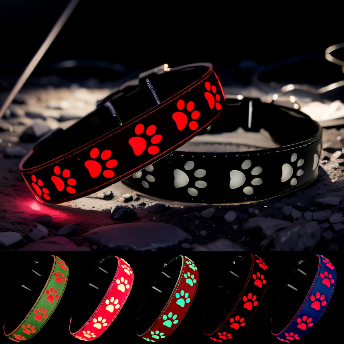 Dogled Led Light Up Dog Collar, Usb-C Rechargeable, Multicolor Paw Print Design, 15 Modes Lighting Night Safety (Black, S(7.87-1