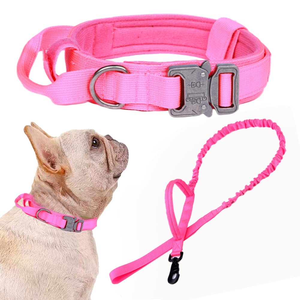 Tactical Dog Collar And Leash Set Tactical Dog Collar With Handle Bungee Leash Adjustable Military Training Nylon Collar Dog Training Collar Leash Set With Control Handleand Metal Buckle(Pink S