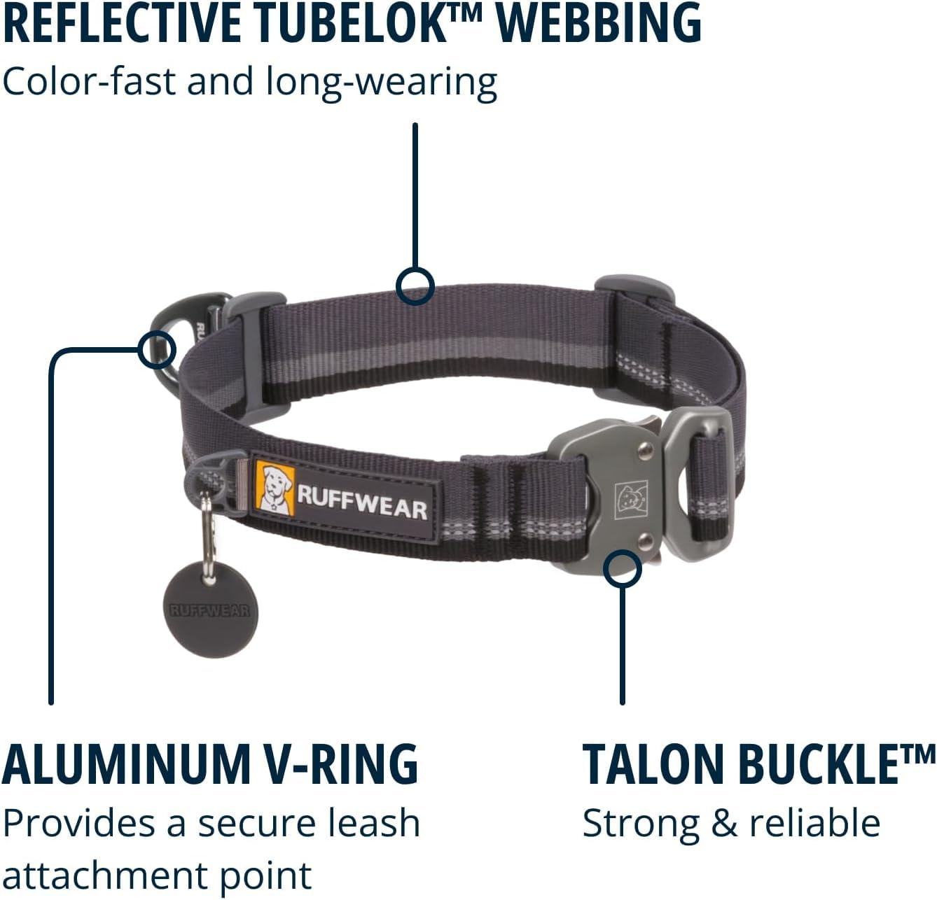 Ruffwear, Top Rope Dog Collar, Reflective Metal Buckle Dog Collar for Everyday Use, Basalt Gray, 14-20