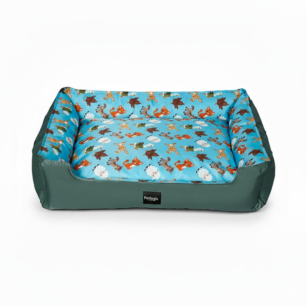 Petlogix Fox Pattern Orthopedic Pet Bed for Dogs & Cats, Rectanglular Pet Bed with Removable Washable Cover (Small)