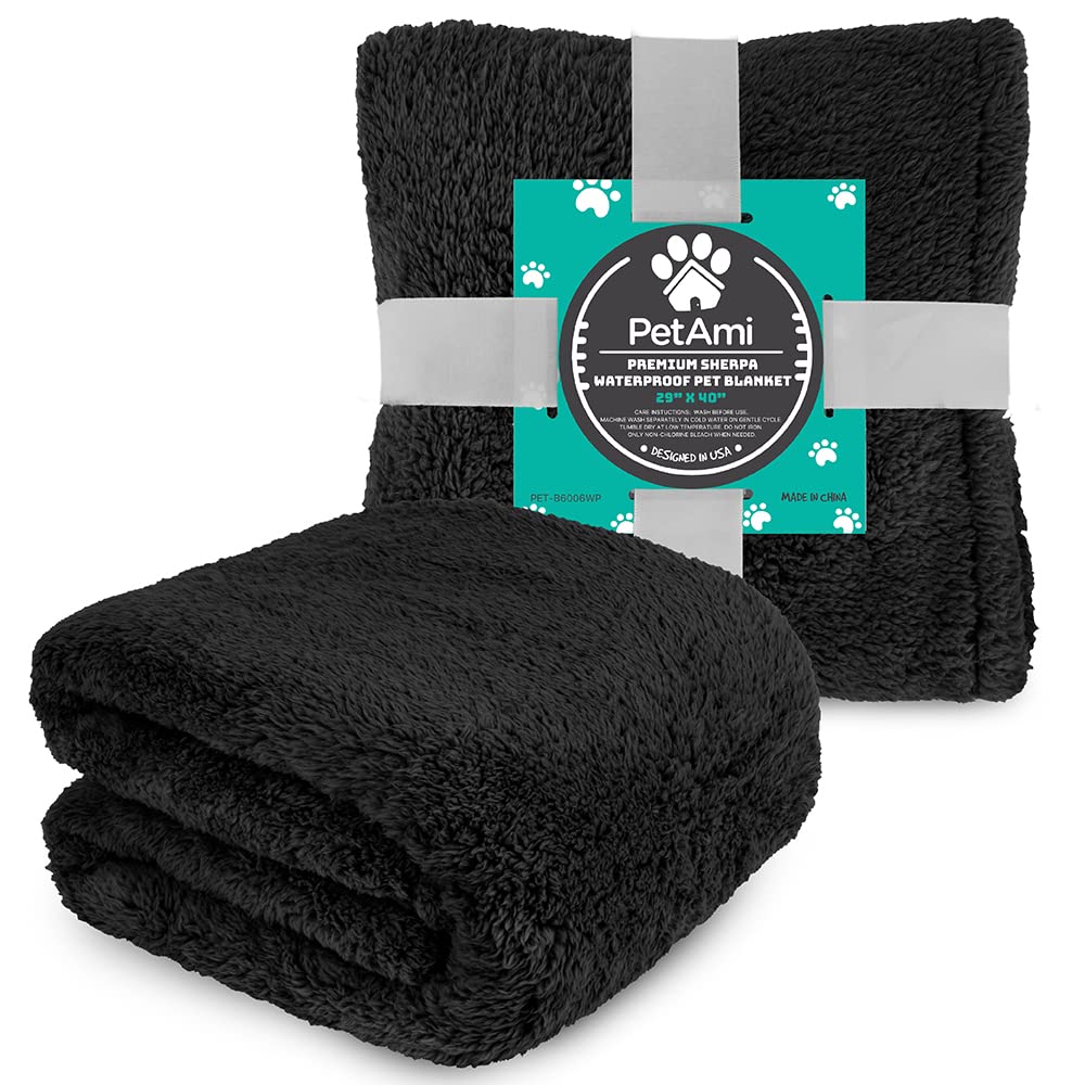 Petami Fluffy Waterproof Dog Blanket For Small Medium Dogs, Soft Warm Pet Sherpa Throw Pee Proof Couch Cover, Reversible Cat Puppy Bed Blanket Sofa Protector, Plush Washable Pad (Black, 24X32)