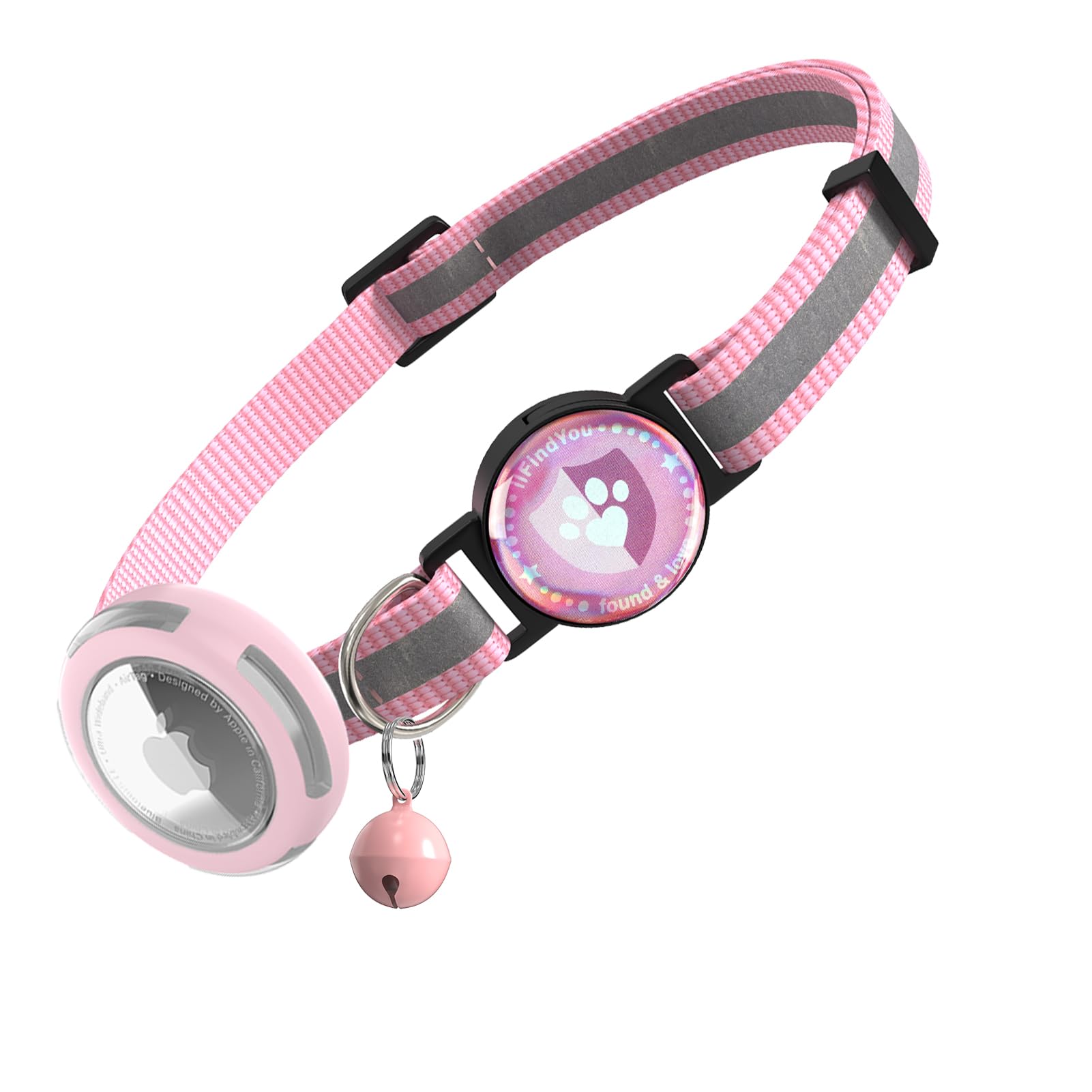 Ilfindyou Airtag Cat Collar Breakaway, Reflective Cat Collars With Apple Airtag Holder, Adjustable Kitten Collar With Bells Pink