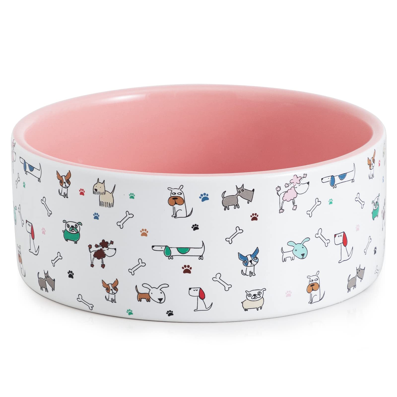 Fun Elements Ceramic Dog Bowls, Large Sized 64 Fl Oz Heavy Food and Water Bowl for Medium Dogs With Adorable Patterns (Large, Pi