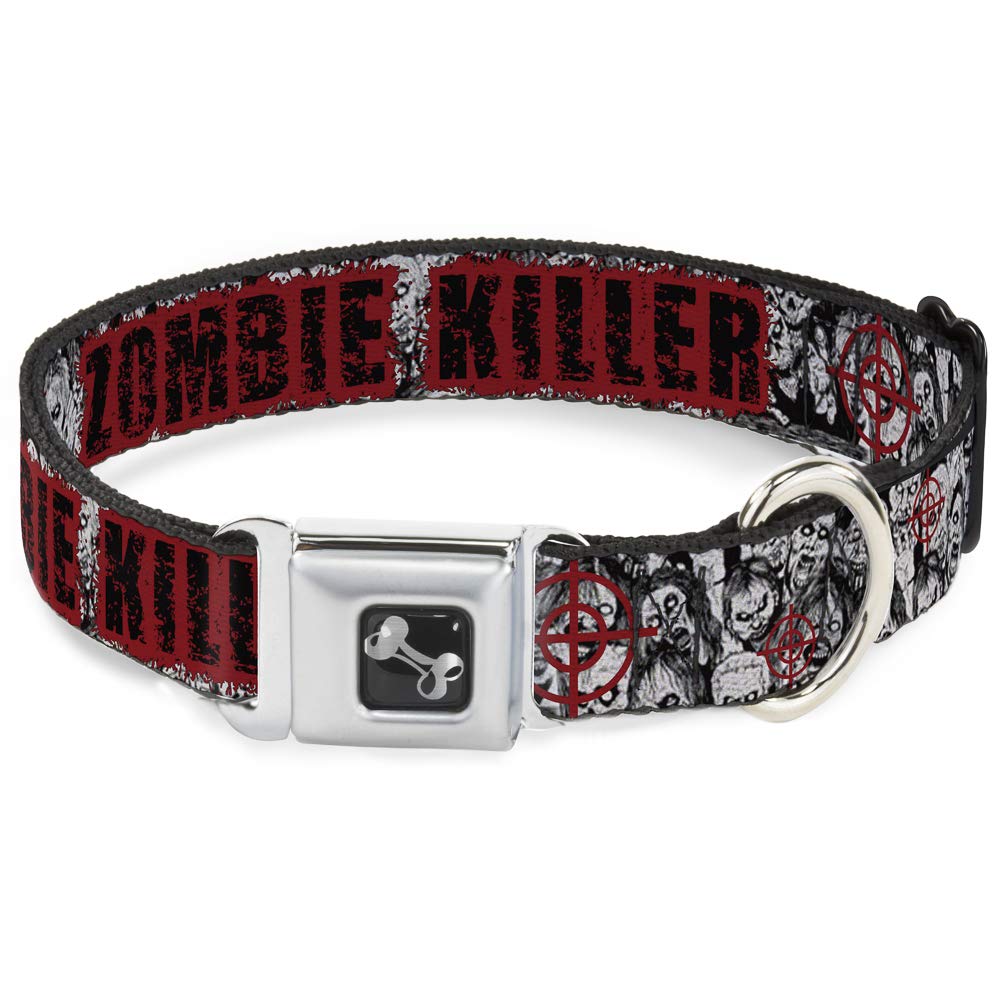 Buckle-Down Seatbelt Buckle Dog Collar - Zombie Killer W/Stacked Zombies Sketch - 1'' Wide - Fits 11-17'' Neck - Medium