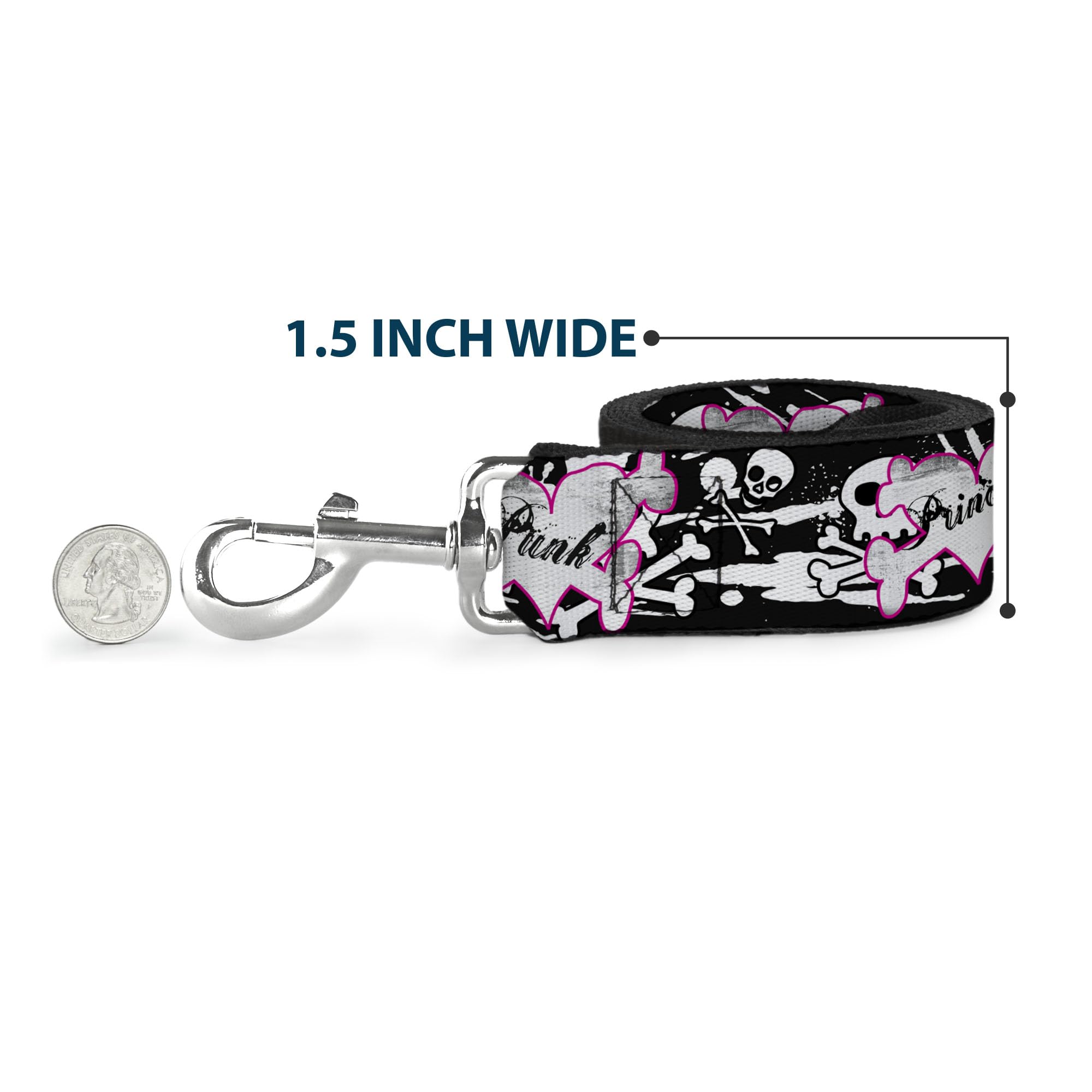 Buckle-Down Pet Leash - Punk Princess Heart & Cross Bones w/Skulls & Splatter Black/White - 6 Feet Long - 1.5 Wide