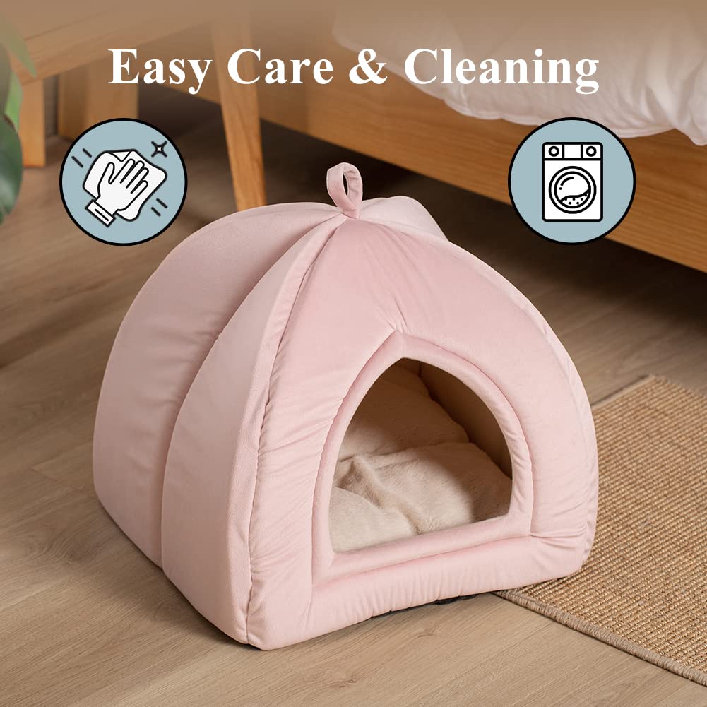 Kasentex Cat Bed For Indoor Cats, 2-In-1 Cat House Pet Supplies For Kitten And Small Cat Or Dog - Animal Cave, Cat Tent With Removable Washable Pillow Cushion (Pink 15X15X15)