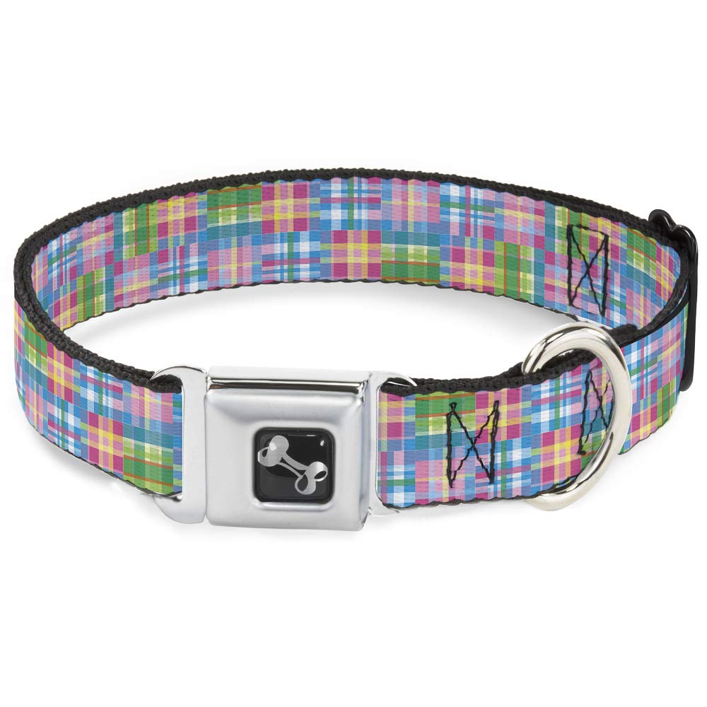 Buckle-Down Seatbelt Buckle Dog Collar - Madras Plaid Pink - 1.5' Wide - Fits 13-18' Neck - Small