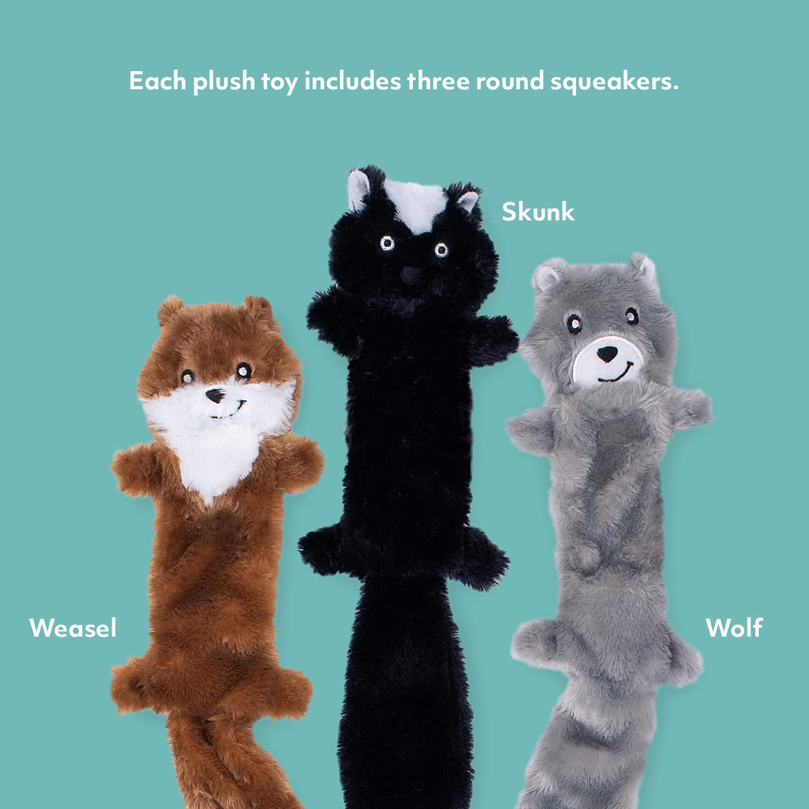 Zippypaws Skinny Peltz - Weasel, Skunk, & Wolf - No Stuffing Squeaky Dog Toys, Unstuffed Chew Toy For Small & Medium Breeds, Bul