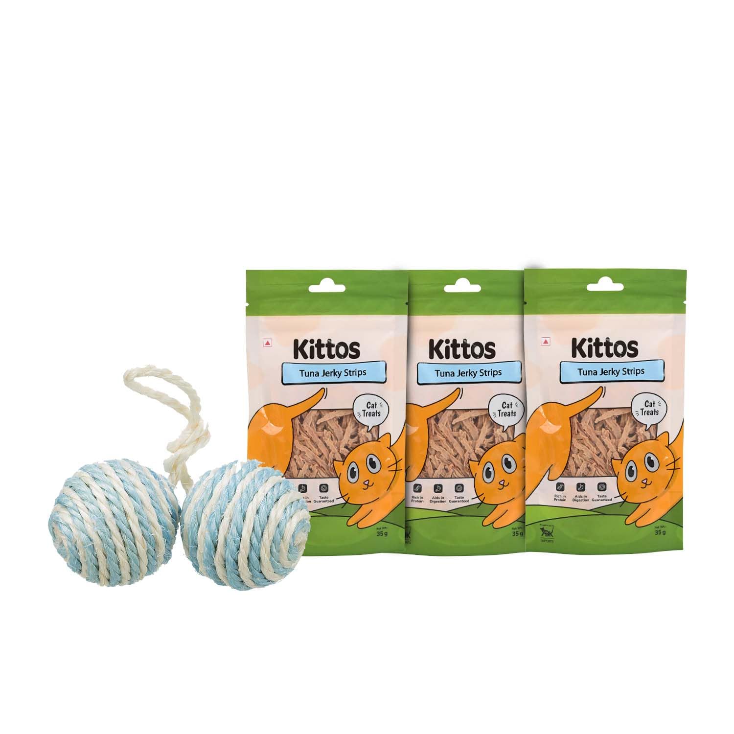 Combo Of  Trixie 2 Balls On Sisal Rope Toy, 4.5 Cm With 3 Pack Of Kittos Tuna Jerky Strips Treats For Cats, 35 G Each