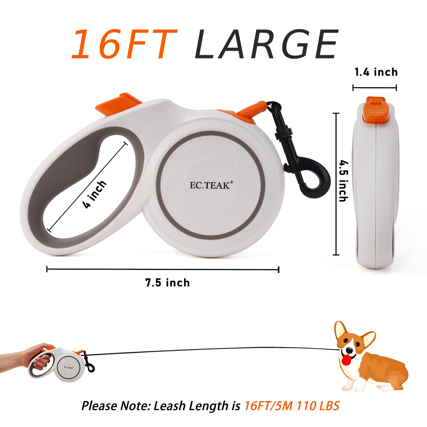 Retractable Dog Leash, Dog Leash Retractable For Medium/Large Dogs Up To 110 Lbs, Strong Nylon Tape, Tangle Free, One-Hand Brake