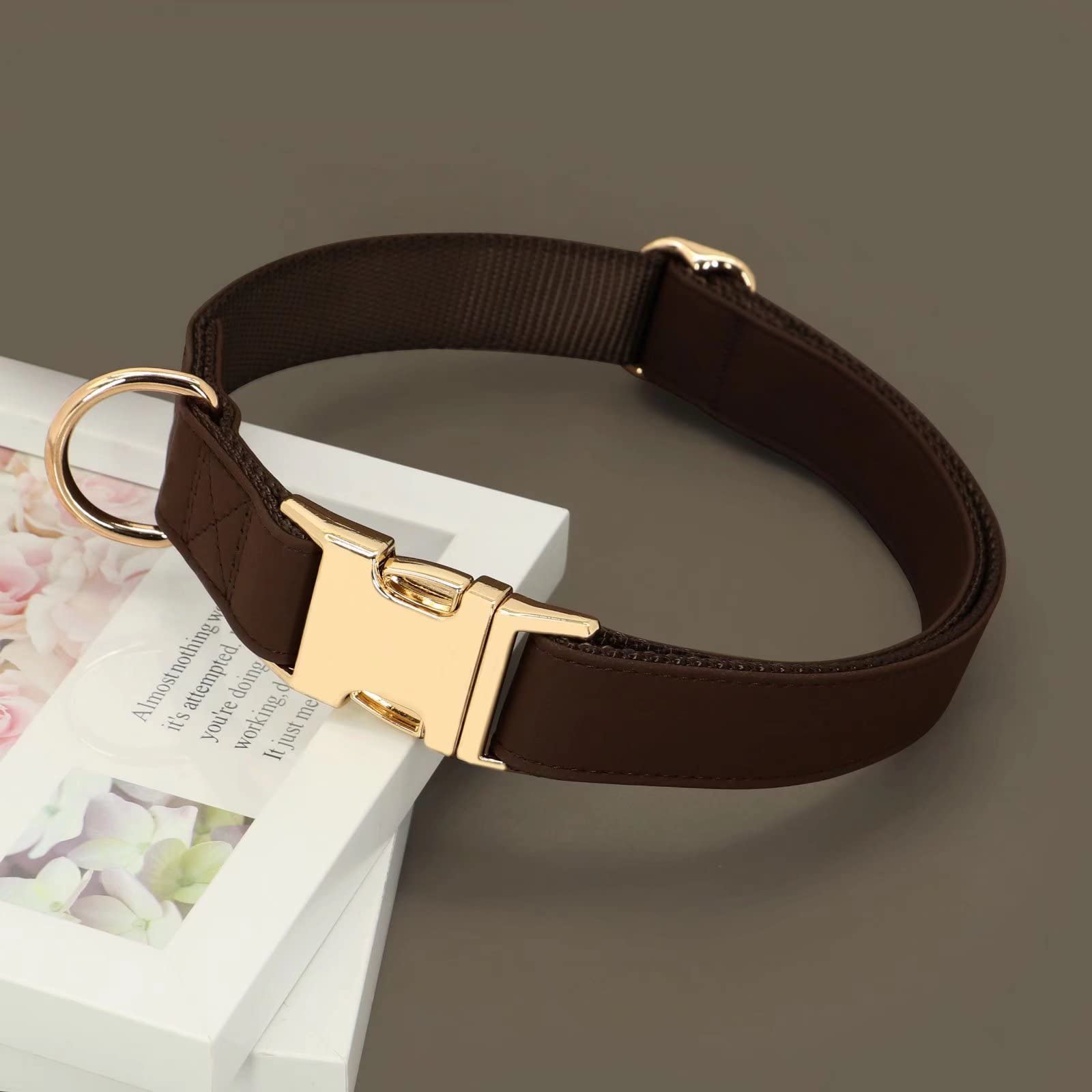 Pet Artist Charming Nylon Dog Collar With Leather Soft Comfy Elegant Nylon Collars For Dogs Small Medium Large 4 Bright Solid Color For Choosing Blue Red Brown Grey(Brown,Neck Fit 16-27'')