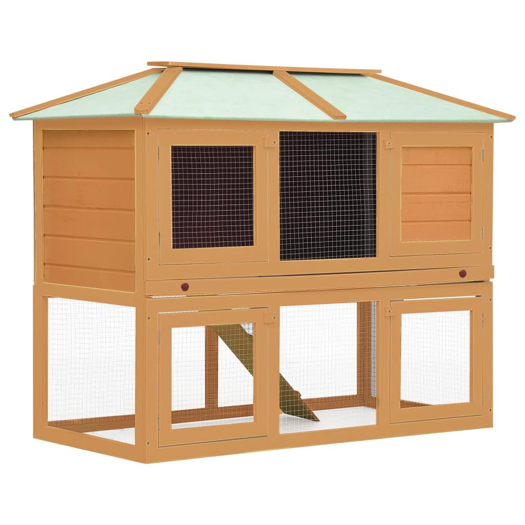 vidaXL Wooden Rabbit Cage with Double Floors, Iron Wire Grid Construction and Non-Slip Ladder for Indoor and Outdoor Use - Brown Brass