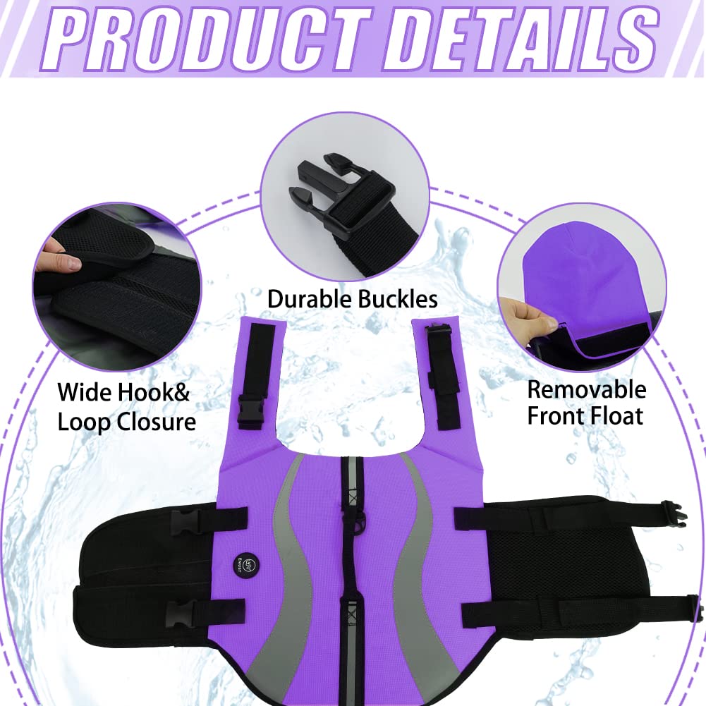 Emust Dog Life Vests - Adjustable Dog Life Jackets With Front Float, High Visibility Safety Swimsuit For Medium Dogs, Purple