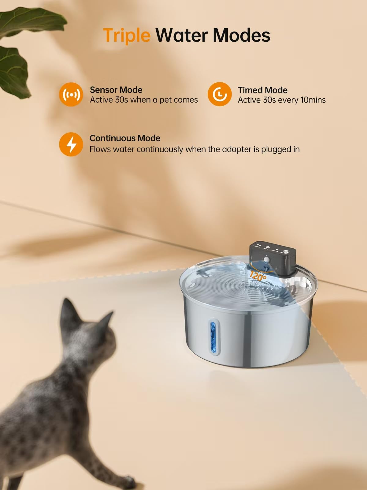 Qzkragt Wireless Cat Water Fountain, Stainless Steel, 3.2L, Model 311-A, Battery Operated with Motion Sensor for Cats and Dogs