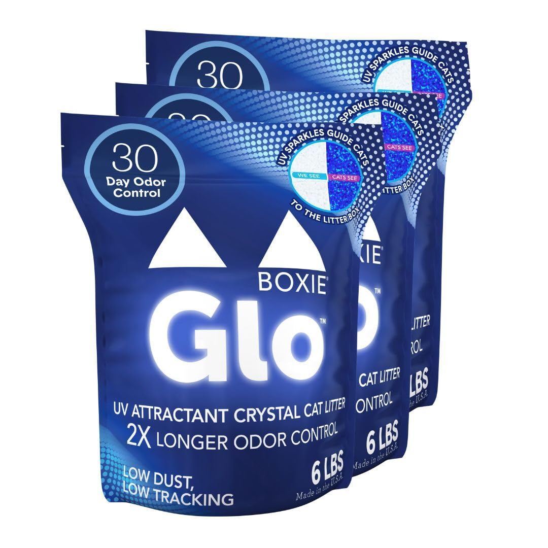 Boxie Glo 30 Day Odor Control Non-Clumping Crystal Cat Litter, 18 lb, Natural Attractions, UV Light Attractant, Soft Granules, 9