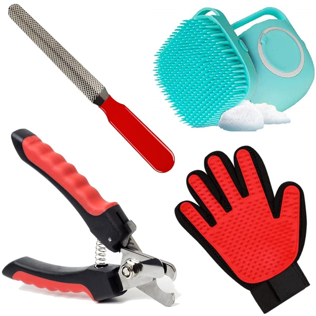 Psk Pet Mart Dogs Grooming Kit + Nail Cutter With Filer + Soothing Dog Gloves + Pet Shampoo Bath Brush For Puppy, Cat And Kitten