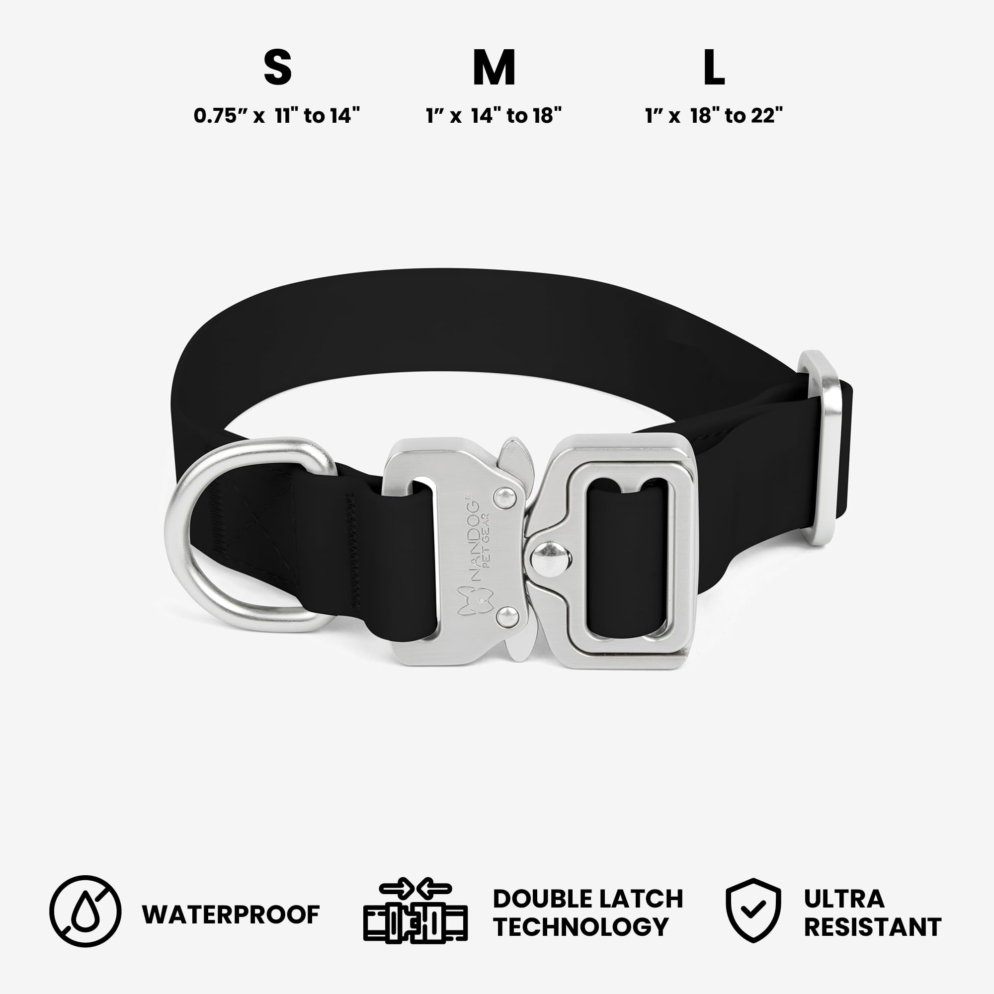 Nandog The Signature Collection Waterproof Poly-Flex Sport Dog Collar In Small, Black - Durable & Adjustable - Secure Double Lat