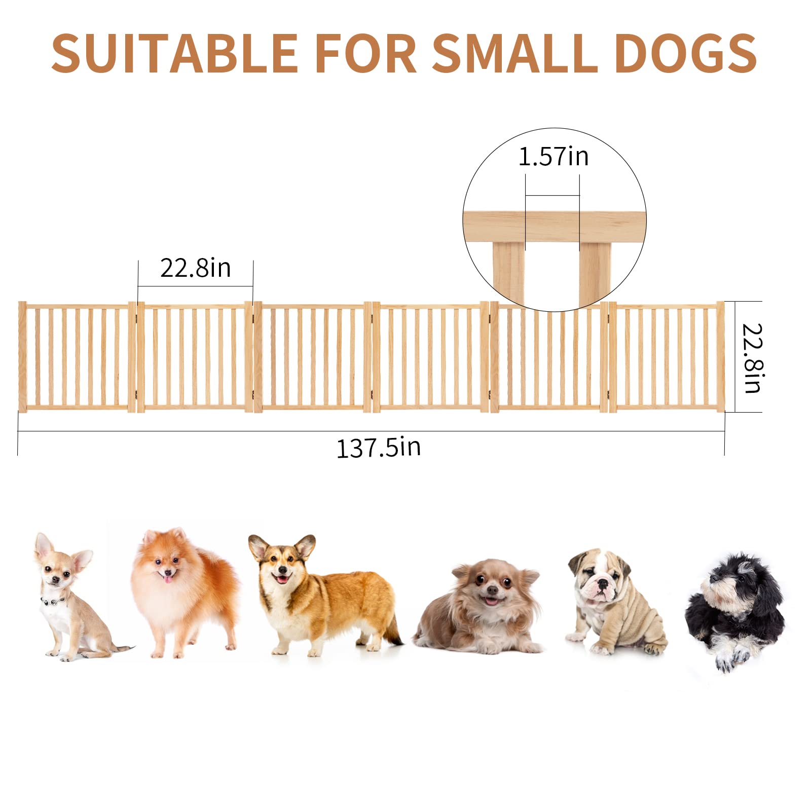 YOCAN Wooden Freestanding Dog Gate - 6 Panel Indoor Pet Fence, 23.6"H, Perfect for Doorways & Stairs, Natural Wood Finish