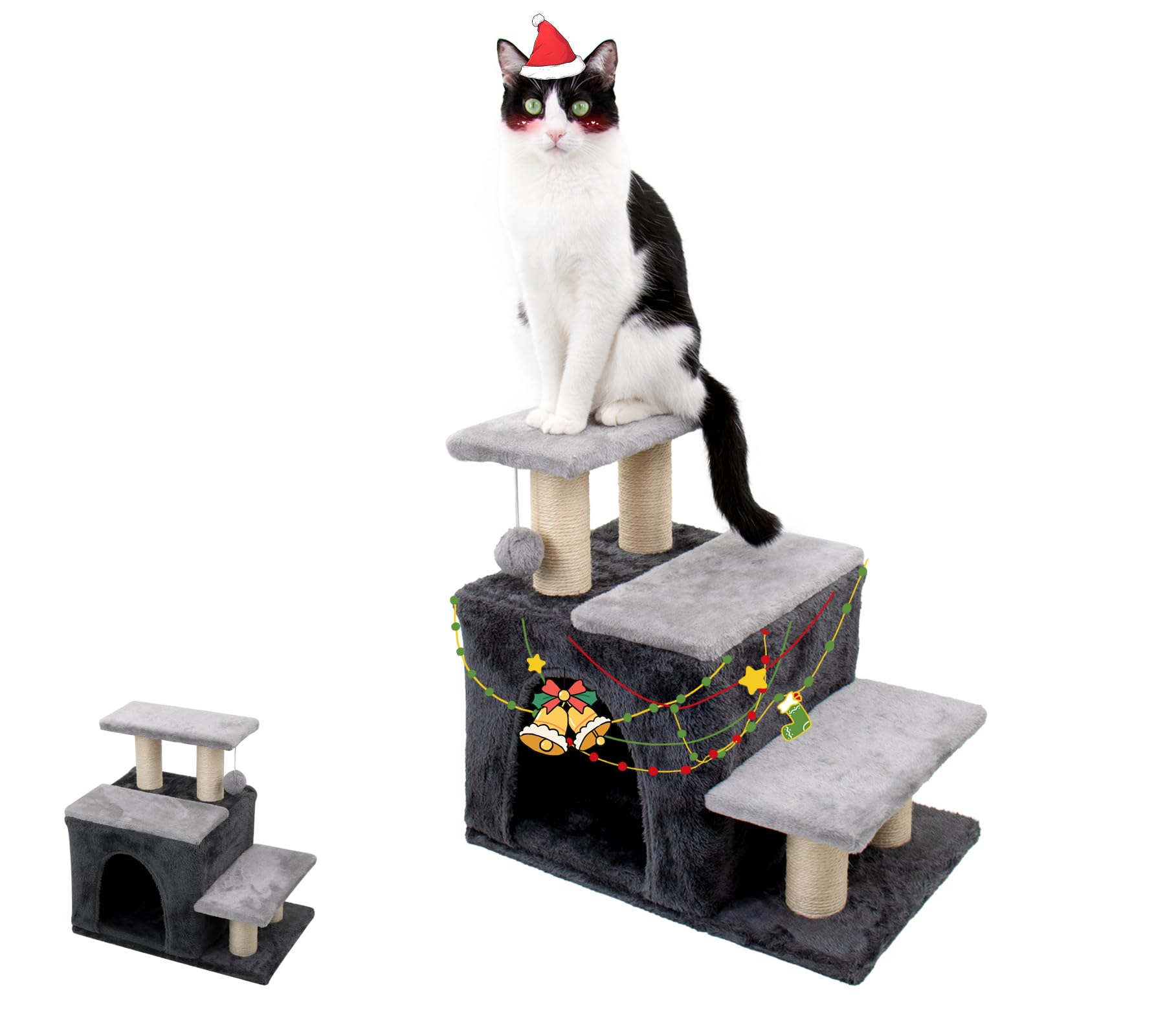 3-in-1 Pet Stairs for Cats for High Bed, Adjustable Dog Steps, Modular 3-Tier, Cushioned Steps & Cat Condo, Adjustable Entrance,
