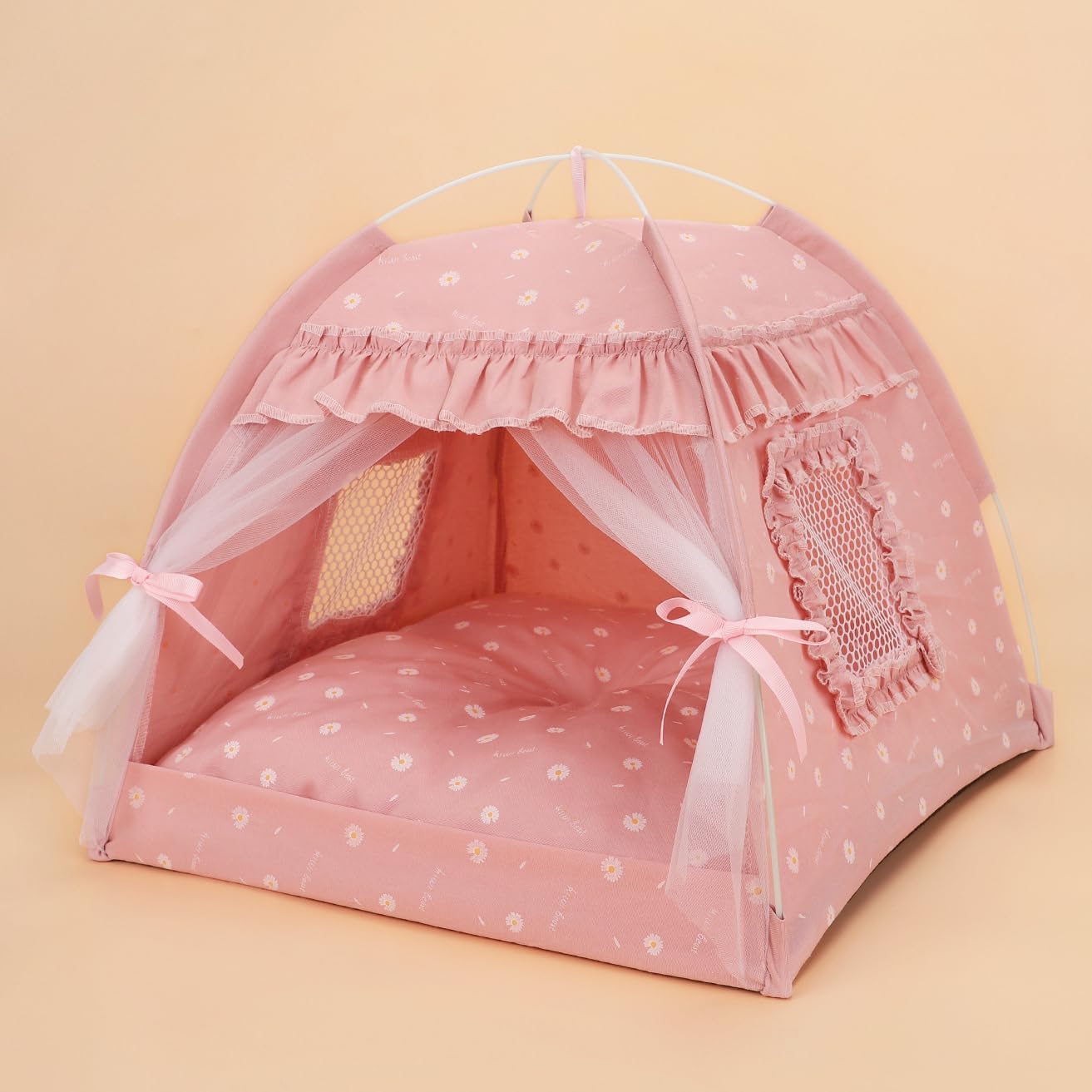 Cat Bed Tents Dog House Indoor Outdoor Lace Mesh Breathable Windows Door Curtains Removable Portable Nest Teepe House (Large,Pin