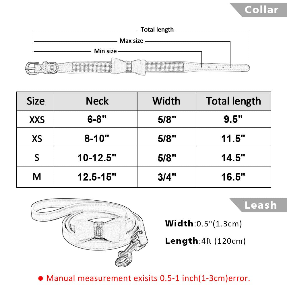 Beirui Rhinestone Bling Leather Dog Collar And Leash Set - Soft Flocking Sparkly Crystal Diamonds Studded - Cute Double Bowknot Cat Collar With 4 Foot Leash For Pet Show,Pink,Neck:6-8'