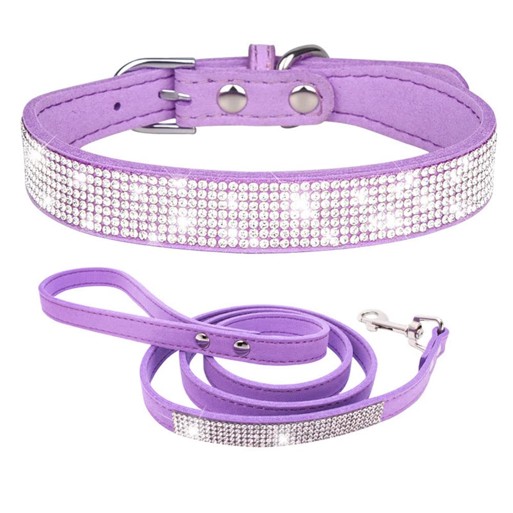 Purple Rhinestone Dog Collar And Leash For Small Dogs, Pretty Bling Puppy Collar Diamond Crystal Glitter Jewel Girl Cat Collars 