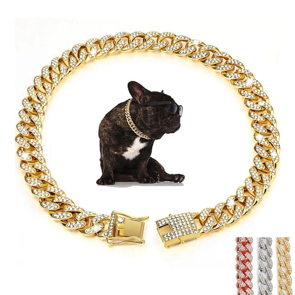 Gold Dog Necklace Collar, Glitter Rhinestone Bling Sparkly Diamond Metal Cuban Link Puppy Chain For Small Medium Large Pet Dogs,