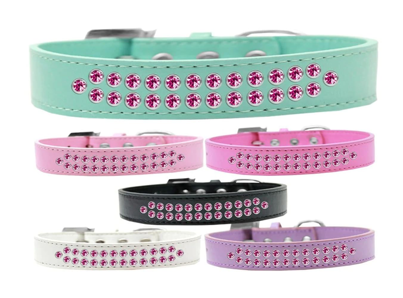 Dog, Puppy & Pet Fashion Collar, Two Row Bright Pink Crystal Rimsets Lavender 16