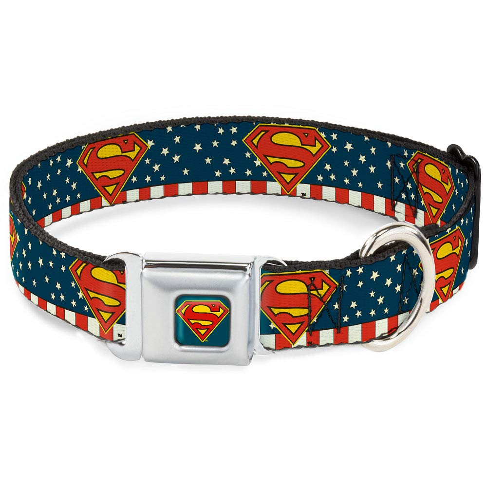 Buckle-Down Seatbelt Buckle Dog Collar - Superman Shield Americana Red/White/Blue/Yellow - 1' Wide - Fits 9-15' Neck - Small