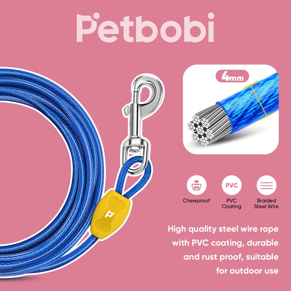 Petbobi 20Ft Tie Out Cable For Dog With Durable Spring And Metal Swivel Hooks For Outdoor, Yard And Camping, Rust- Proof Training Tether For Small Dogs Up To 35 Pounds, Blue